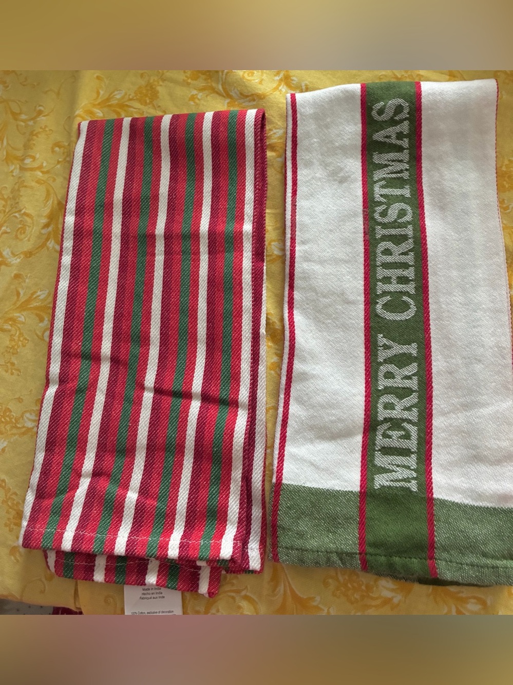 Christmas Towels (2) 100% Cotton. New.Red,Green&White stripe & Whitew/Merry Xmas